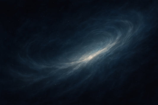 Weite, dunkle Galaxie in Blau-Silber-Tönen mit sanften Lichtwirbeln. Ein zarter Schimmer zieht sich wie ein Atemzug aus Licht durch die Dunkelheit – still, poetisch und unendlich weit.