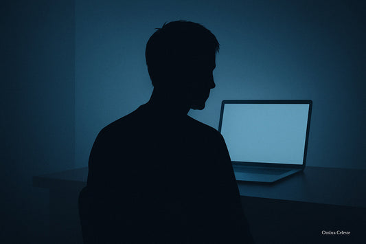Minimalistische digitale Szene – eine einzelne Silhouette sitzt vor einem schwach leuchtenden Laptop-Display in bläulichem Halbdunkel. Symbolische Darstellung der digitalen Stille, ruhig, modern und poetisch