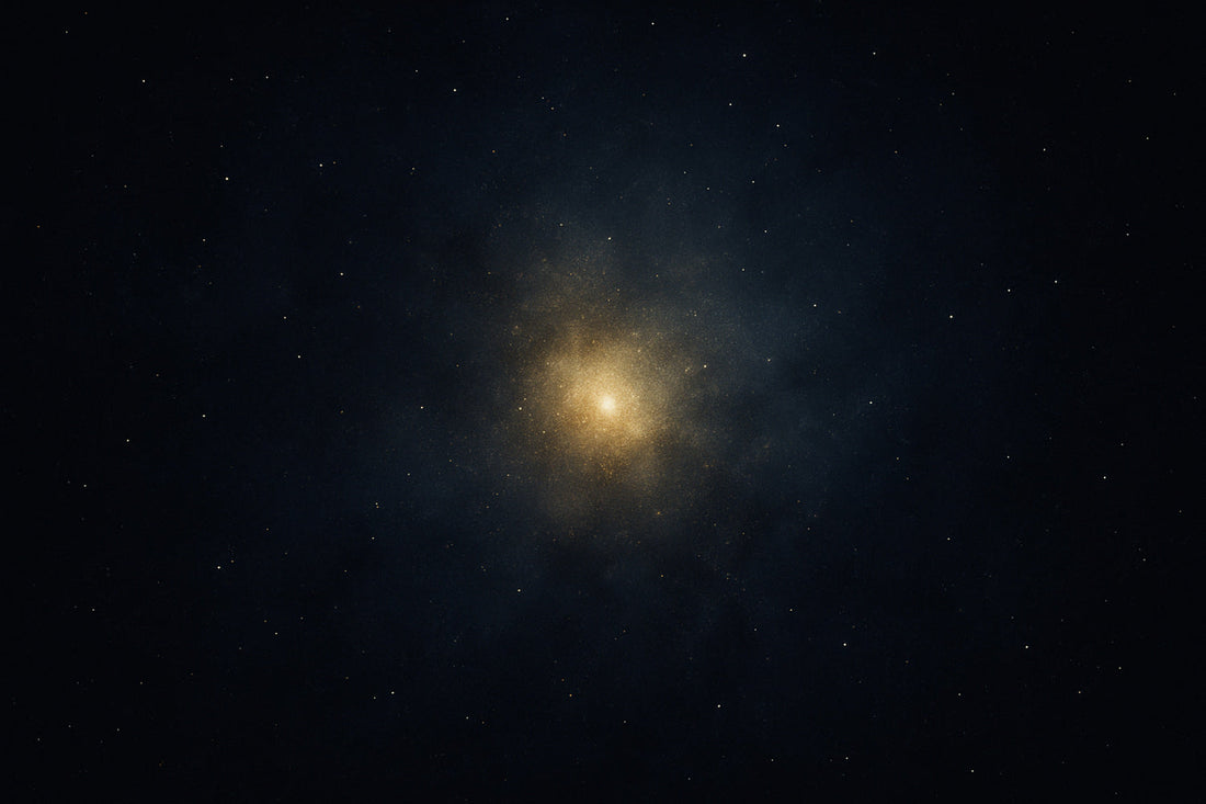 Ein dunkler, tiefblauer Raum mit einem deutlich sichtbaren, goldenen Lichtkern in der Mitte, umgeben von feinem Sternenstaub. Symbol für das Universum im Inneren des Menschen – still, leuchtend und unendlich