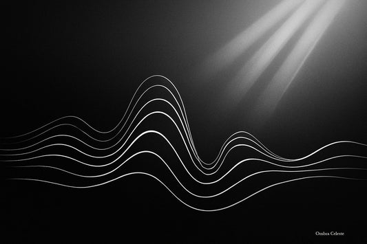 Abstrakte schwarz-weiße Illustration mit feinen Licht- und Klangwellen – Symbol für das Universum von Ombra Celeste, in dem Gedanken, Stille und Ästhetik ineinanderfließen