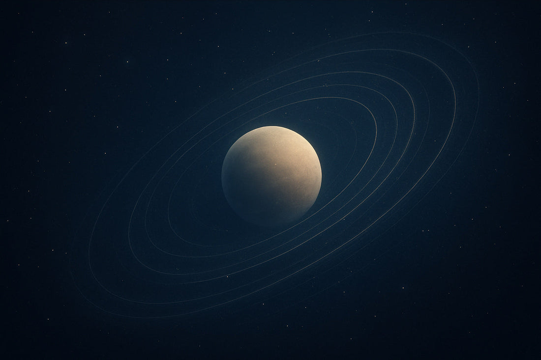 Ein sanft leuchtender Planet zieht seine Bahn durch dunkles Nachtblau, umgeben von feinen Lichtkreisen und Sternen. Symbol für Bewegung, Gleichgewicht und die wandernden Welten des Universums.