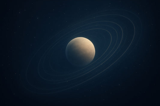 Ein sanft leuchtender Planet zieht seine Bahn durch dunkles Nachtblau, umgeben von feinen Lichtkreisen und Sternen. Symbol für Bewegung, Gleichgewicht und die wandernden Welten des Universums.