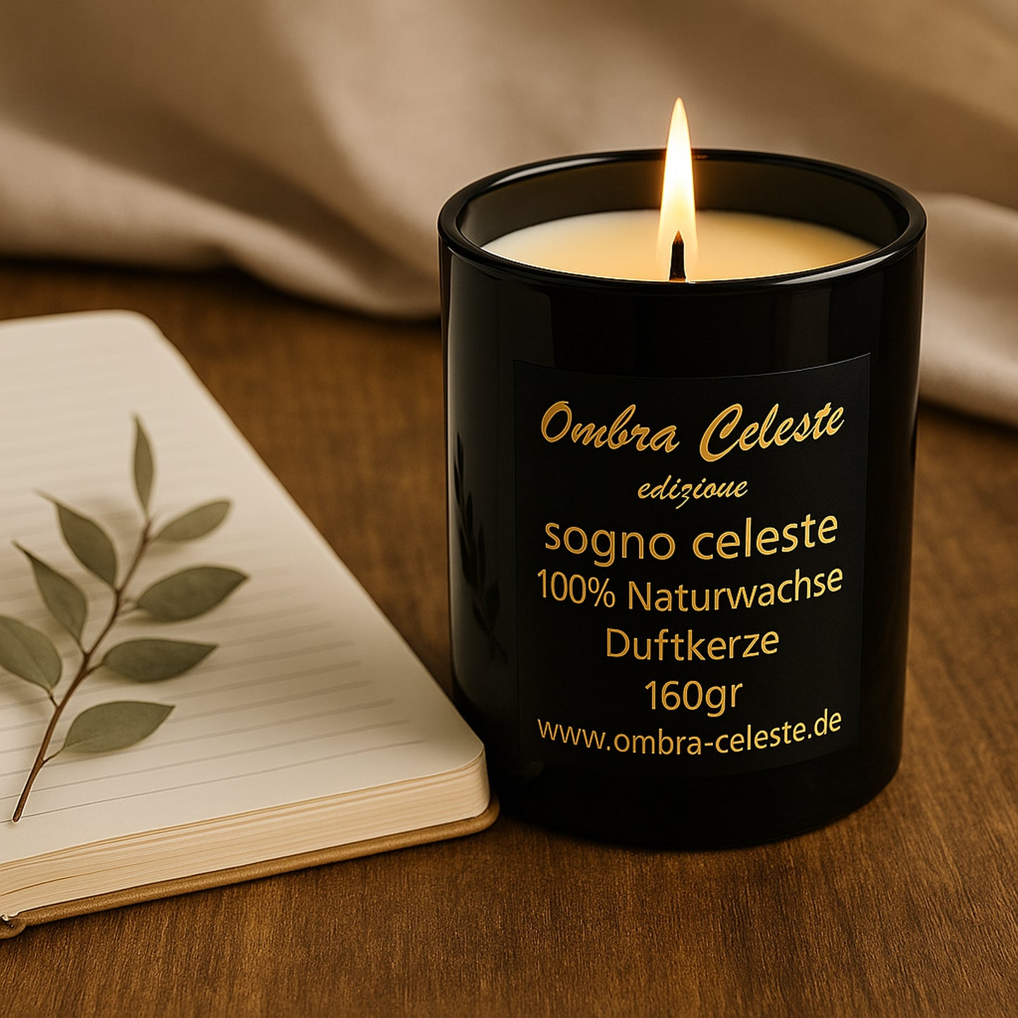 Brennende Duftkerze Sogno Celeste - handgegossen mit natürlichem Zimt, Eukalyptus und Orangenduft im goldenen Etikett.