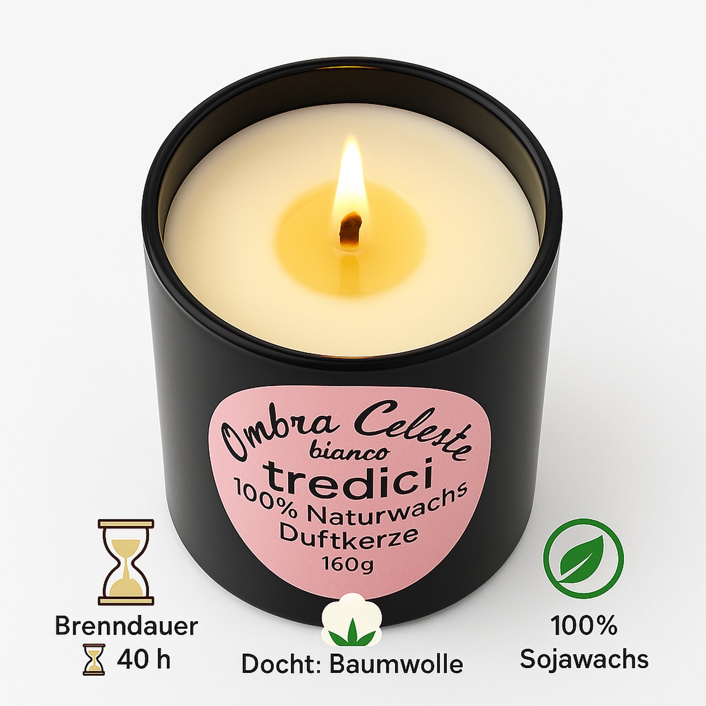 „Brennende tredici Duftkerze von Ombra Celeste mit botanischen Elementen, aromatische Duftkomposition im Fokus“