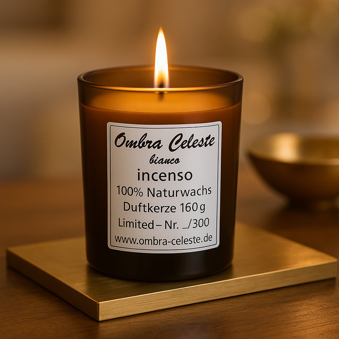 Ombra Celeste bianco Incenso – brennende Kerze mit goldener Flamme, warme Stimmung