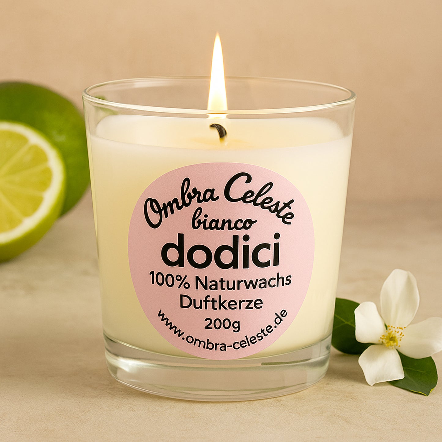 Ombra Celeste dodici bianco 200 Duftkerze 100% Naturwachs & Vegan, Bergamotte, Jasmin, Ylang-Ylang, Amber