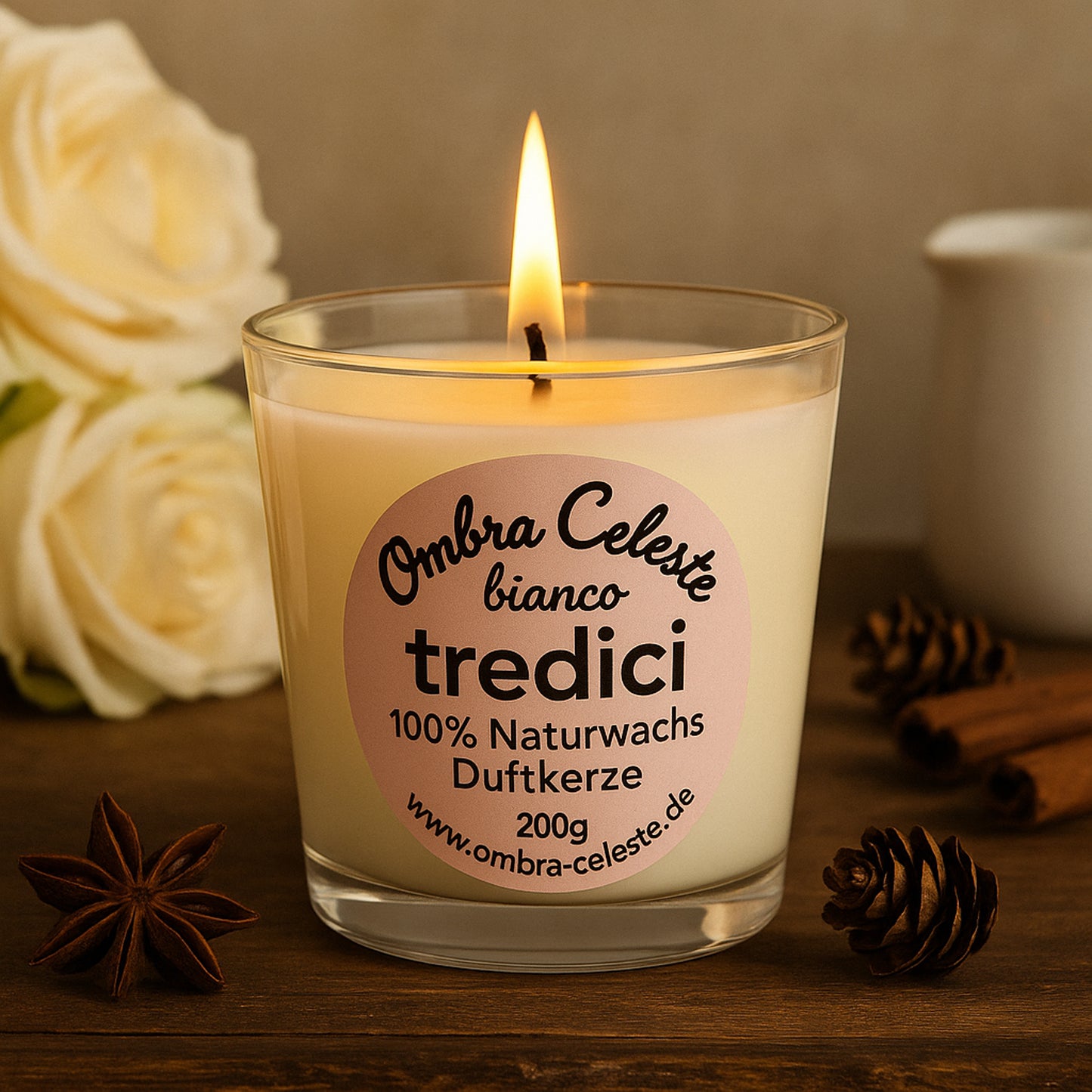 Ombra Celeste tredici bianco 200 Duftkerze 100% Naturwachs & Vegan Bergamotte, Patchuli, Zedernholz