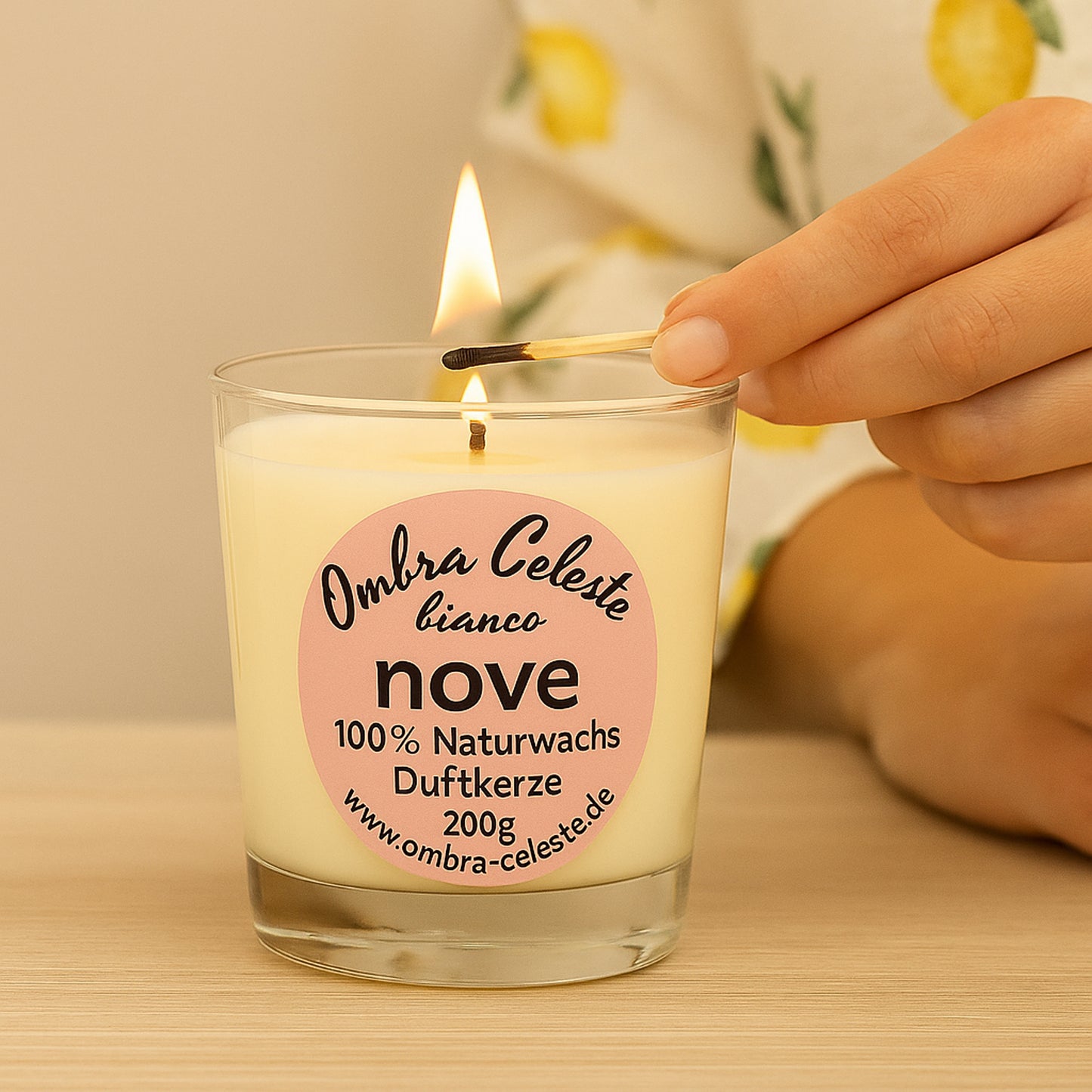 Hand zündet die Ombra Celeste nove Duftkerze an – Moment der Achtsamkeit und des Rituals.