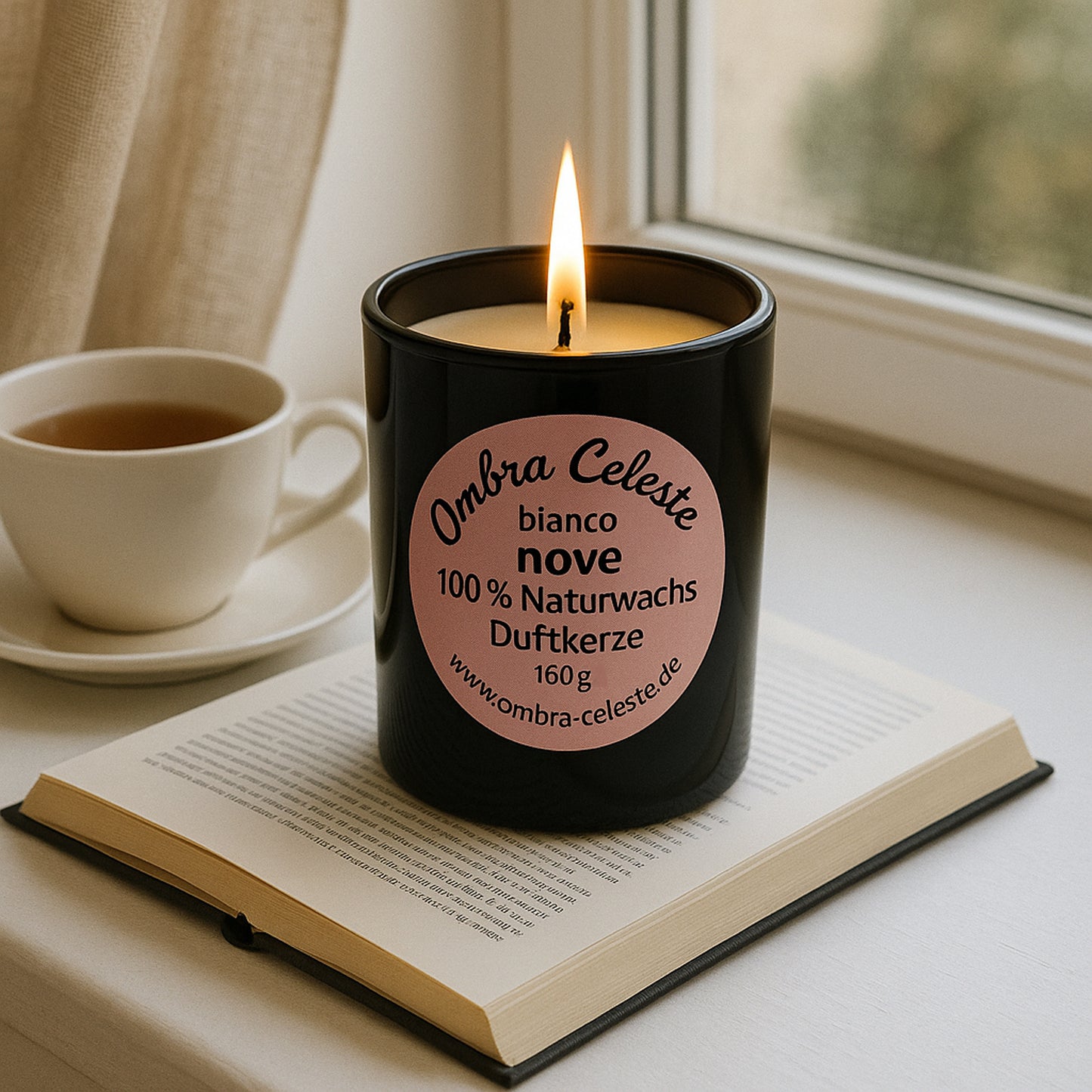 Brennende Ombra Celeste Duftkerze „bianco nove“ auf einem Buch am Fenster, mit Teetasse im Hintergrund.