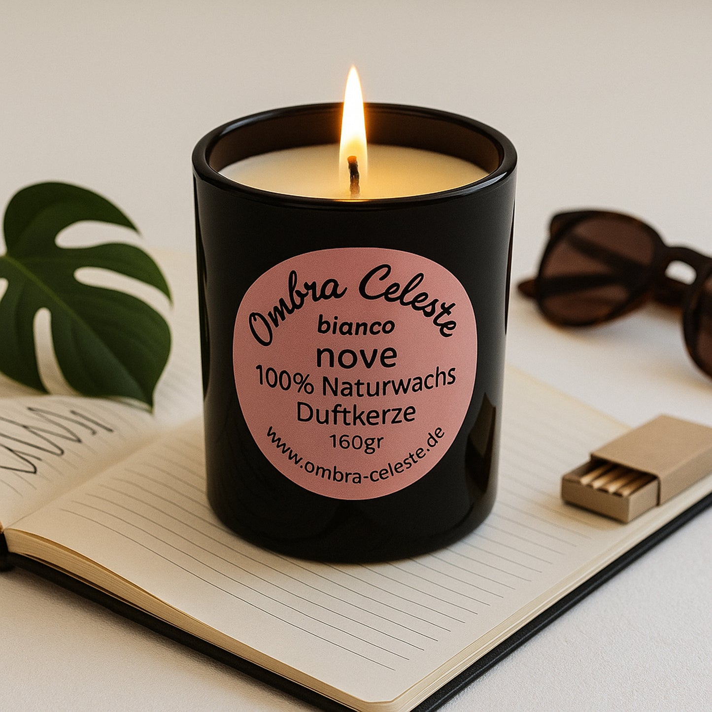 Duftkerze „bianco nove“ brennend auf offenem Notizbuch mit Sonnenbrille, Monstera-Blatt und Stift.