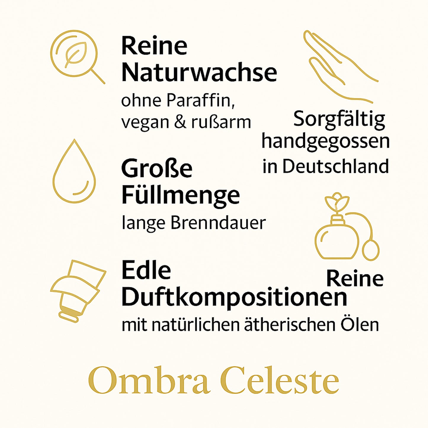 Grafik mit sechs Icons zu Ombra Celeste: Naturwachs, ätherische Öle, gute Filtrierung, vegane Herstellung u. a.