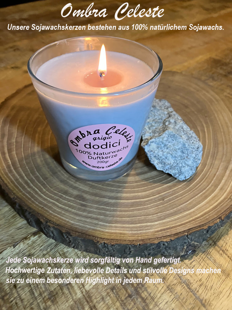 Ombra Celeste Sojawachskerze dodici grigio 200 Duftkerze 100% Naturwachs & Vegan, Bergamotte, Jasmin, Ylang-Ylang, Amber