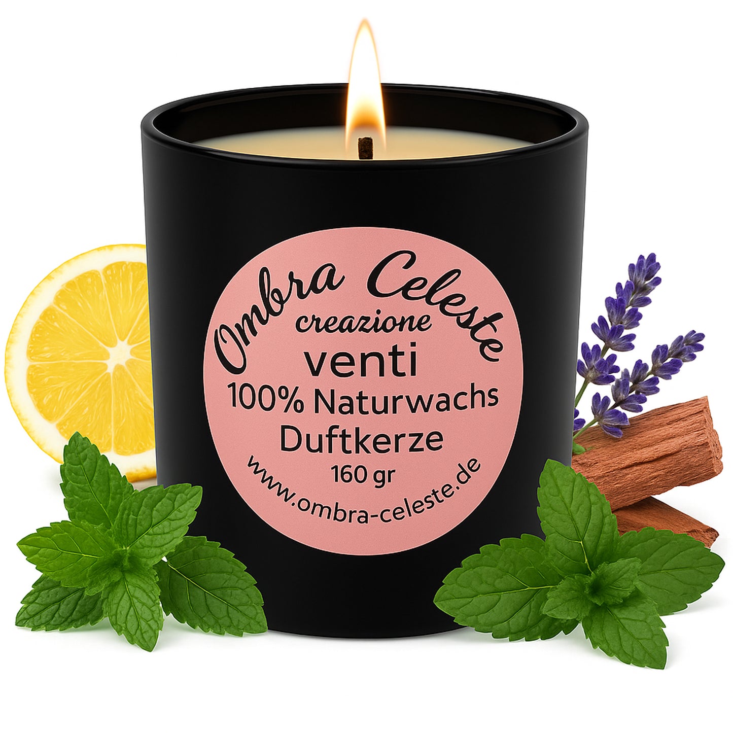 Brennende Duftkerze Ombra Celeste venti - frische Zitrusnote mit Minze und Lavendel. Schwarzes Glas.