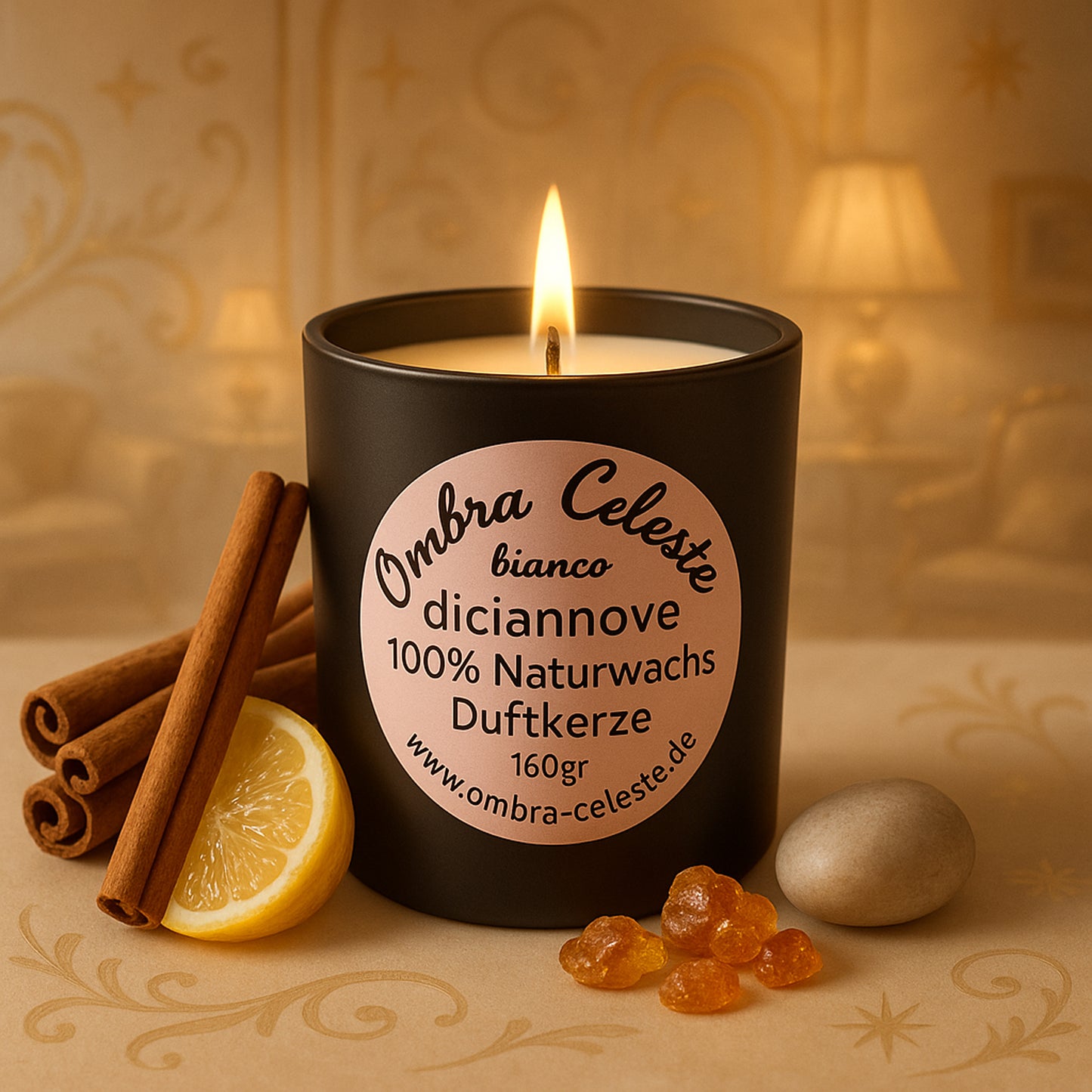 Ombra Celeste diciannove bianco 160 Duftkerze handgegossen 100% Naturwachs & Vegan, Zimt, Weihrauch, Amber, Moschus, Zitrone