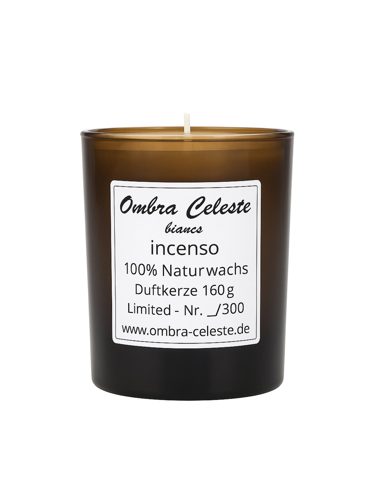 Ombra Celeste bianco Incenso – limitierte Duftkerze, 160 g, Glas amber, schwarzes Label