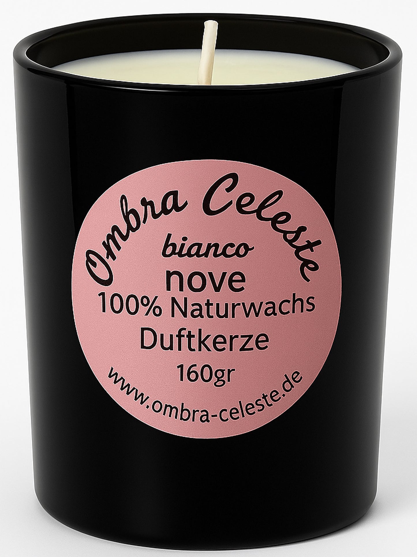 Schwarze Duftkerze mit rosa Etikett „bianco nove“ auf weißem Hintergrund – 160 g Naturwachs, edles Glasdesign.