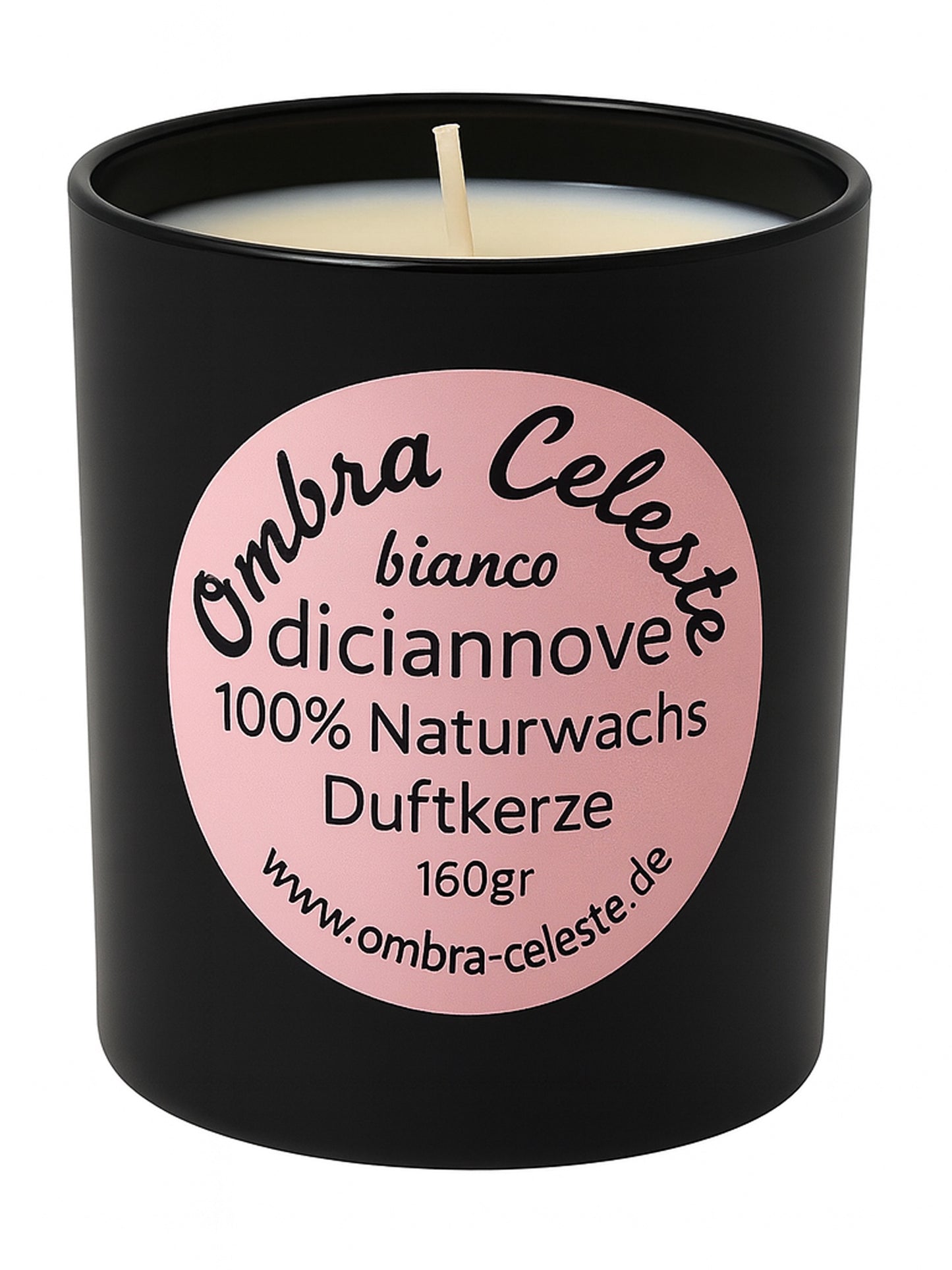 Ombra Celeste Duftkerze diciannove im schwarzen Glas mit rosa Etikett auf weißem Hintergrund, 160gr
