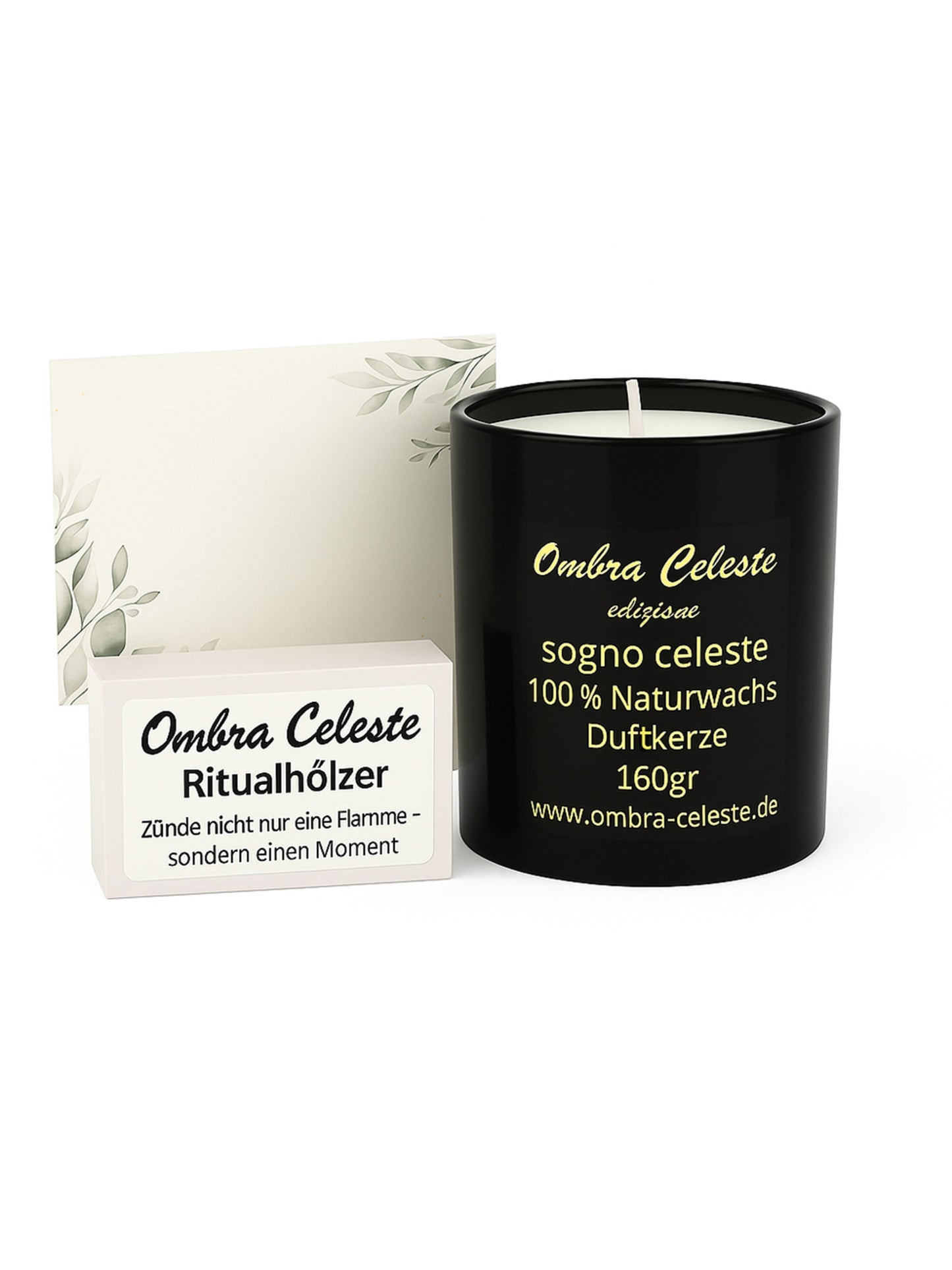 Sogno Celeste Set Duftkerze mit Orange, Eukalyptus & Zimt - inklusive Zündhölzer und Begleitkarte "Momente der Ruhe" von Ombra Celeste