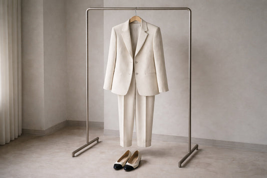 Ein cremefarbener Damenanzug hängt ordentlich auf einem schlichten Metallbügel an einer minimalistischen Kleiderstange. Das Sakko und die dazugehörige Hose wirken leicht getragen.