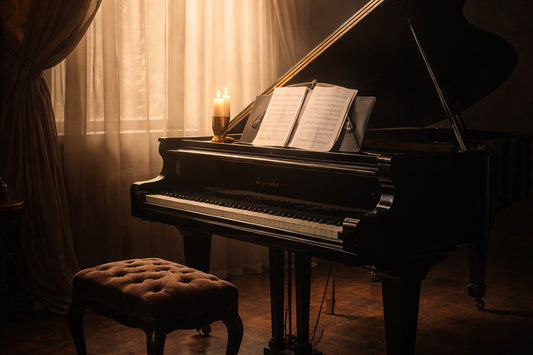 Ein schwarzer Flügel in warmem, gedämpftem Licht. Vorhänge filtern das Sonnenlicht, auf dem Notenpult liegt geöffnete Klaviermusik, daneben eine brennende Kerze. Der Raum wirkt still, konzentriert und zeitlos.