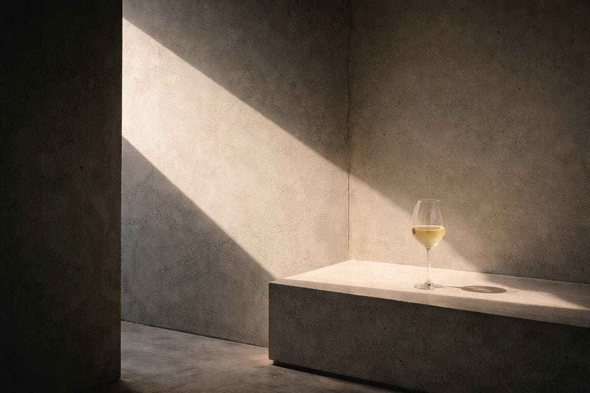 Ein einzelnes Weinglas steht auf einem massiven Steinsockel in einem minimalistischen Raum; hartes, diagonales Sonnenlicht schneidet durch die Szene und wirft klare Schatten auf eine rohe, graue Wand.