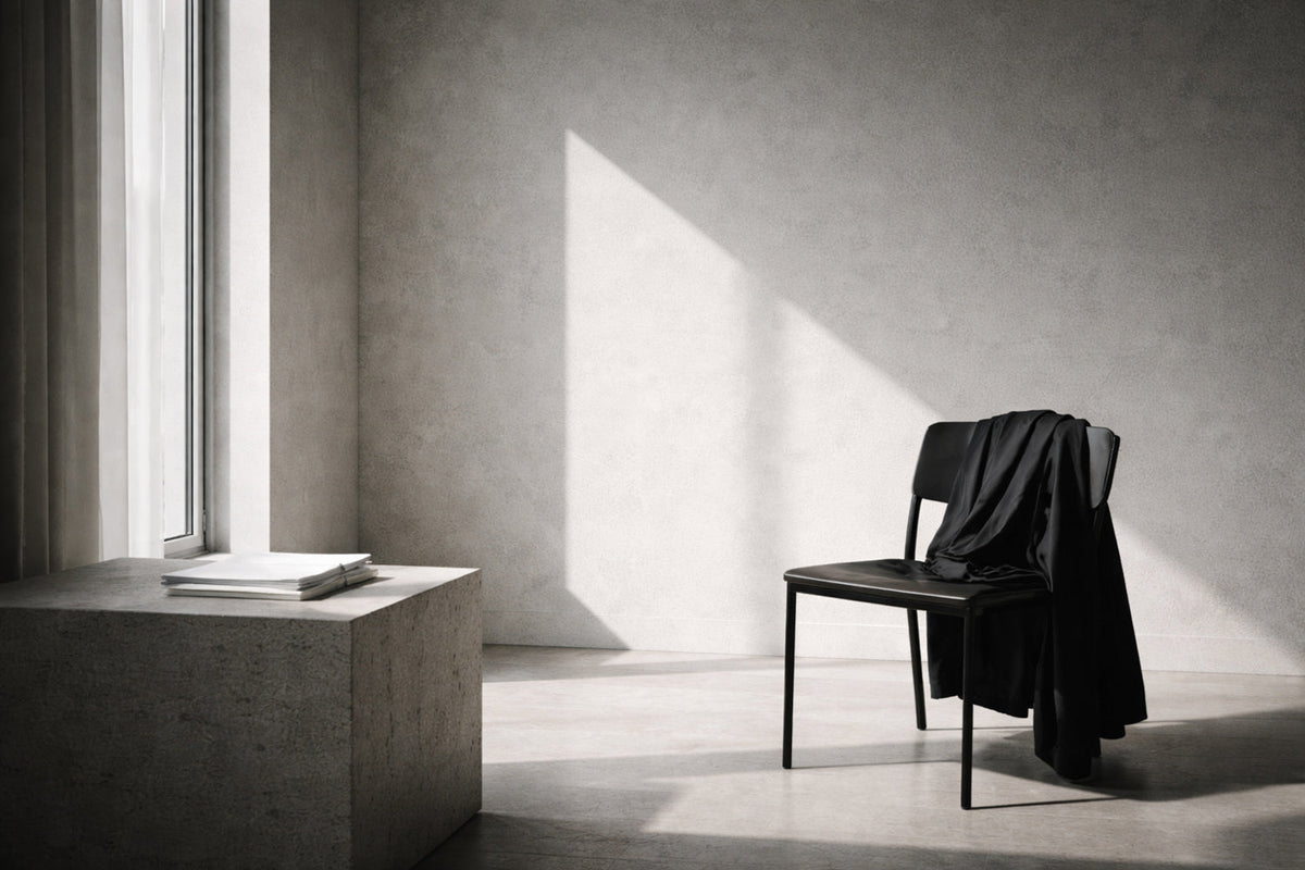 Ultra-minimalistischer, architektonischer Raum mit roher Wand und hartem Vormittagslicht; ein schwarzer Mantel liegt über einem schlichten Metallstuhl, daneben ein Steinsockel mit gefaltetem Papier, klare Schatten, kontrollierte Ruhe.