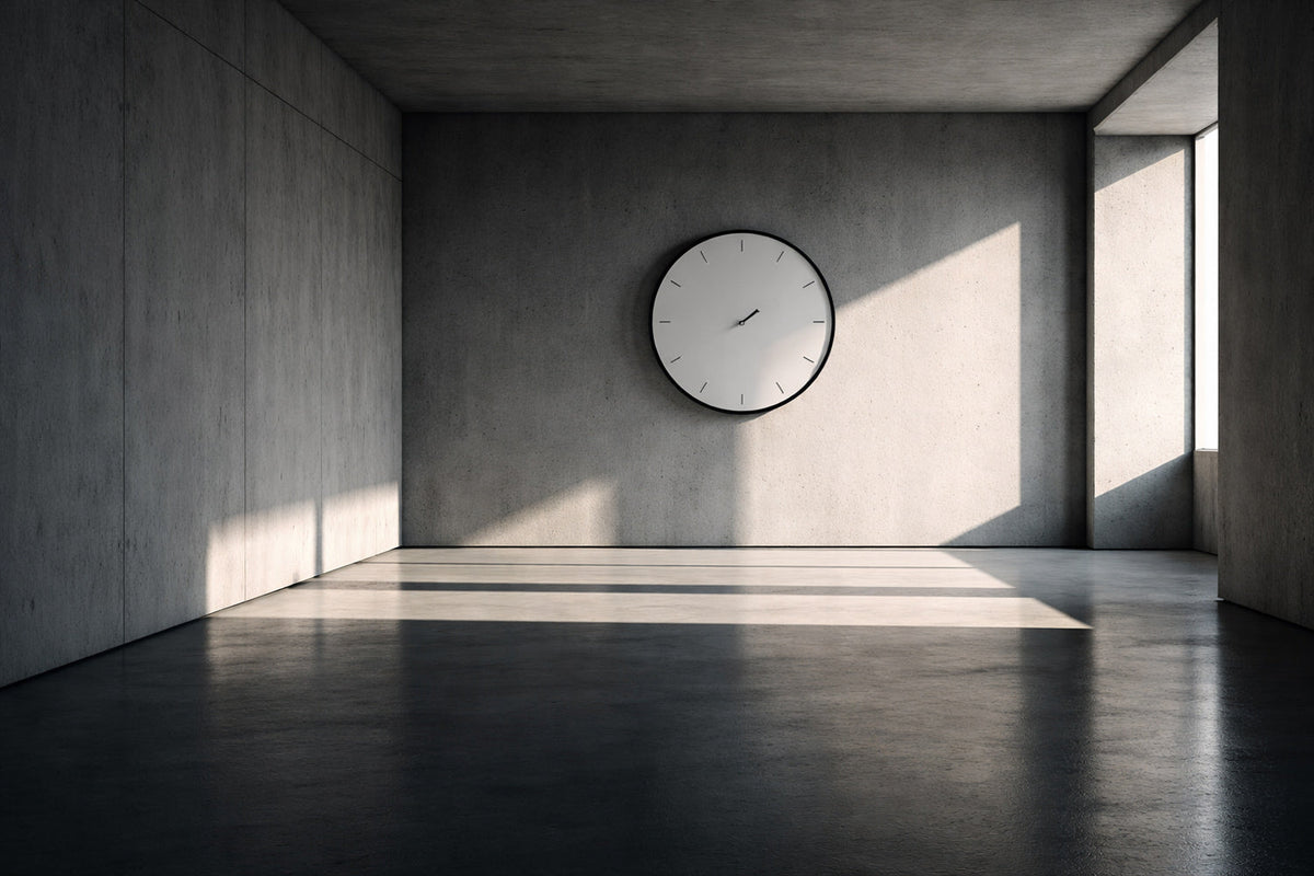 Karger, moderner Raum mit hartem Nachmittagslicht; eine Uhr ohne Zeiger steht im Raum, lange Schatten auf Betonboden, stille provokante Atmosphäre.