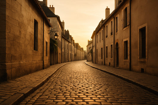 Alte, ruhige Kopfsteinpflasterstraße in Dijon bei warmem Nachmittagslicht. Der Weg verläuft sanft in die Ferne, flankiert von hellen historischen Steinmauern, mit weichen Schatten und stiller, zeitloser Atmosphäre.