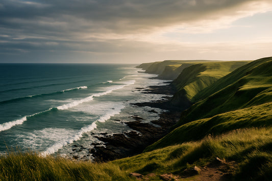 Fotografie einer Atlantikküste mit brechenden Wellen und weitem Horizont. Im Vordergrund die ruhige Küstenlinie, dahinter das offene Meer – eine klare, weite Stimmung von Wind, Wasser und Sommer