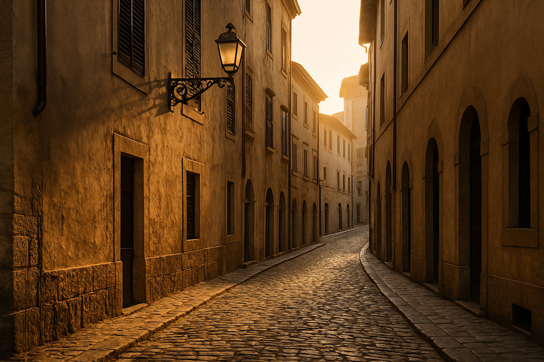 Italienische Altstadtgasse im goldenen Abendlicht, Kopfsteinpflaster und warme Fassaden im sanften Schatten – detailreiche, ruhige Szene voller Atmosphäre.
