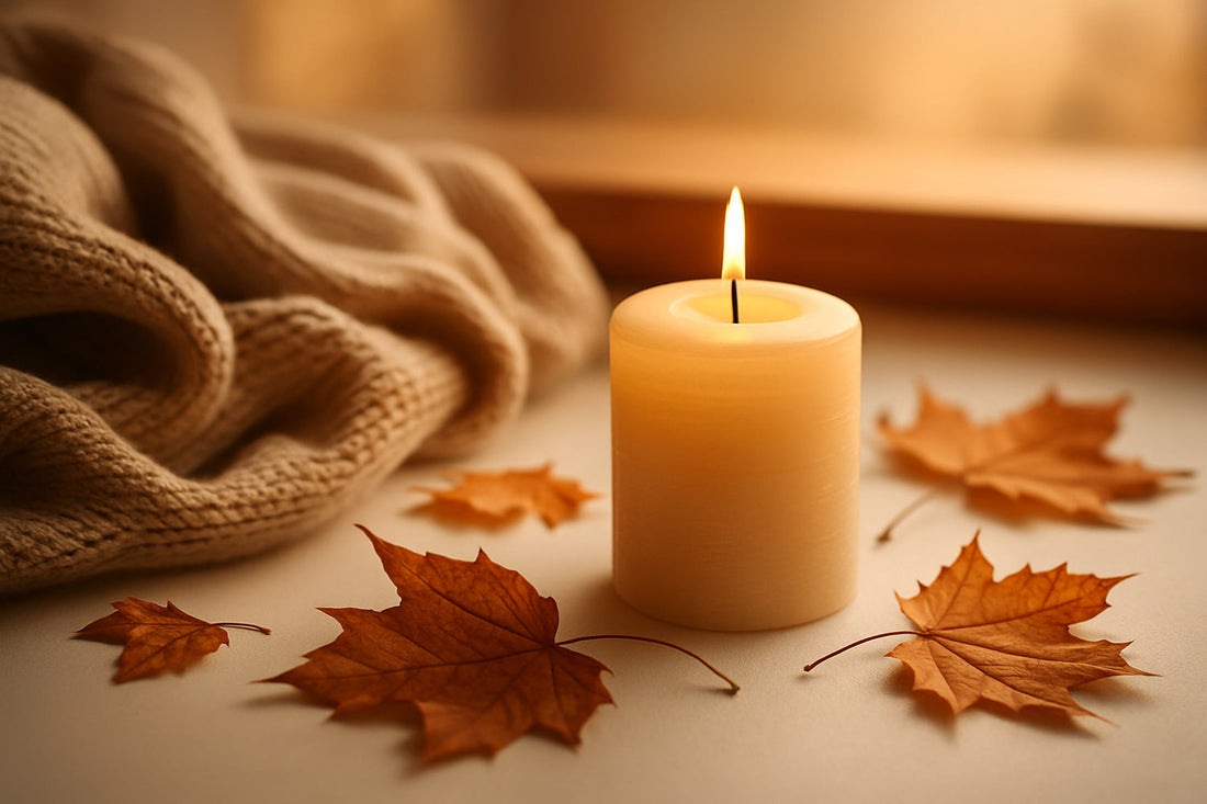 Herbstliches Stillleben mit Kerzenlicht, warmen Farben und sanfter Abendstimmung - ein Moment der Ruhe.