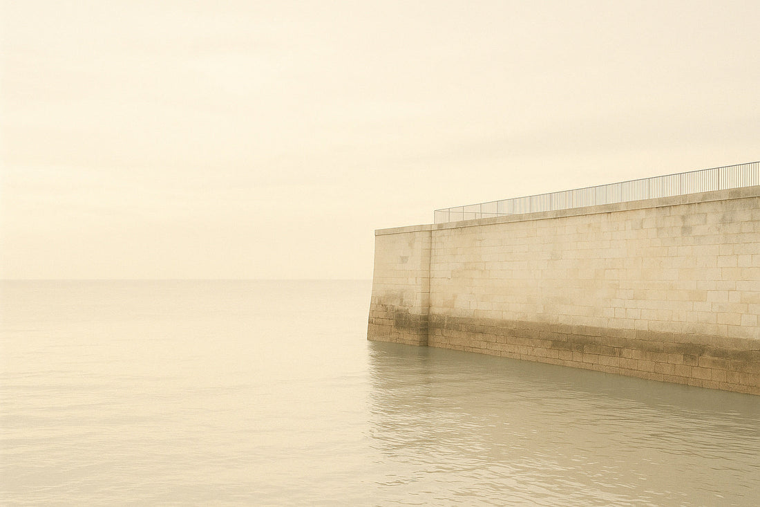 Helles, weiches Atlantiklicht über einer ruhigen Hafenmauer in La Rochelle. Helle, leicht verwitterte Steinstruktur, zarte Spiegelungen auf dem Wasser, feine salzige Atmosphäre