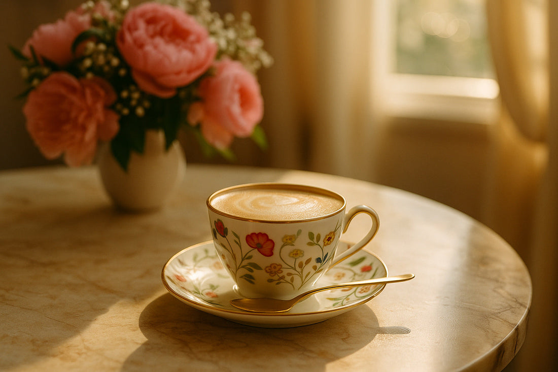 Ein sonnendurchfluteter Tisch mit Cappuccino und Blumen - ein stiller Moment der kleinen Belohnung.