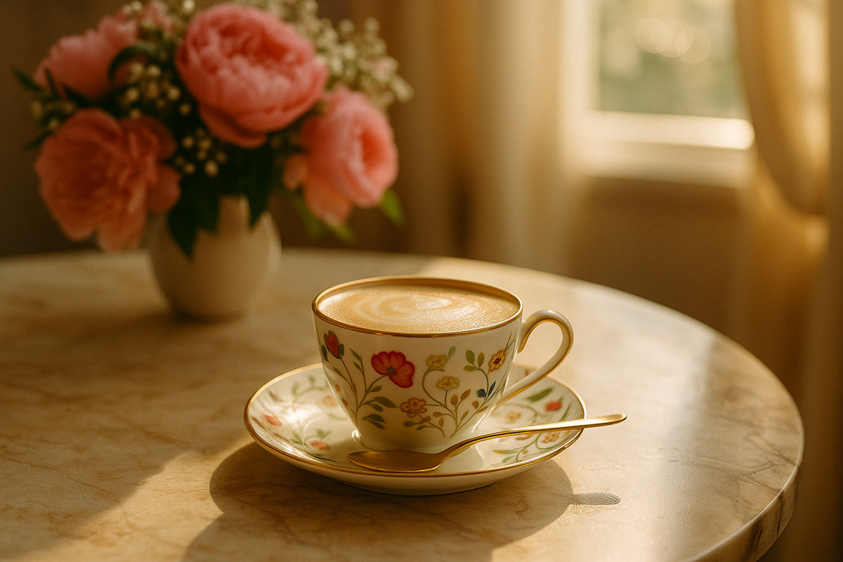 Ein sonnendurchfluteter Tisch mit Cappuccino und Blumen - ein stiller Moment der kleinen Belohnung.