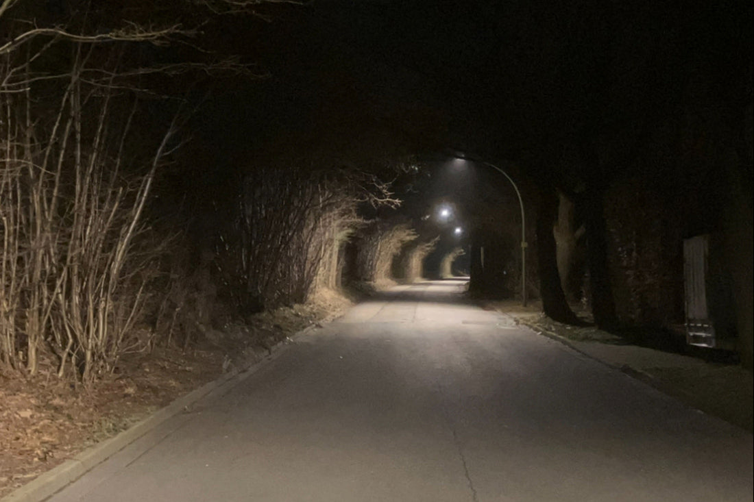 Nachts beleuchteter Fahrradweg mit Laternen, die einen Tunnel aus Licht zwischen kahlen Bäumen bilden. Ruhige, leicht unheimliche Stimmung, stille Bewegung und tiefe Atmosphäre.