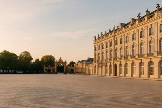 Heller, weitläufiger Platz in Nancy am späten Nachmittag, mit cremefarbenem Steinboden, klassizistischen Gebäuden, einem goldverzierten Tor und ruhigen, weichen Schatten unter grünen Bäumen. Stille, poetische Atmosphäre.
