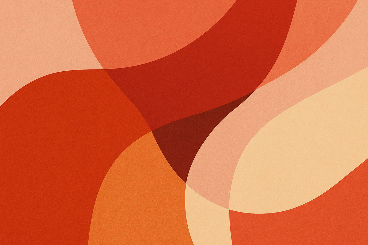 Abstrakte Komposition aus kräftigen Rot-, Korall- und Orangeflächen mit klaren, ineinandergreifenden Formen und weichen Übergängen, die eine warme, lebendige und gleichzeitig ruhige Stimmung erzeugen.