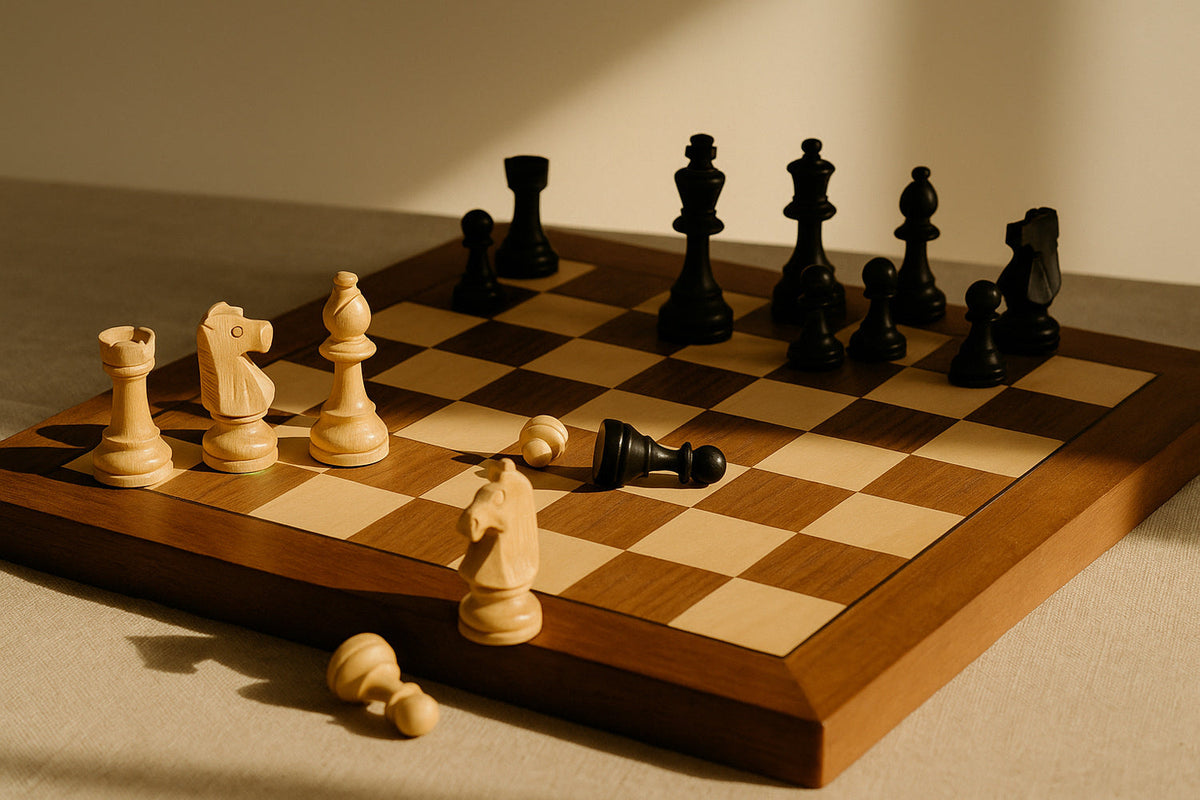 Detailreiches Schachbrett mit hellen und dunklen Figuren im warmen Sonnenlicht, einige Figuren bereits gefallen – stille, poetische Szene.