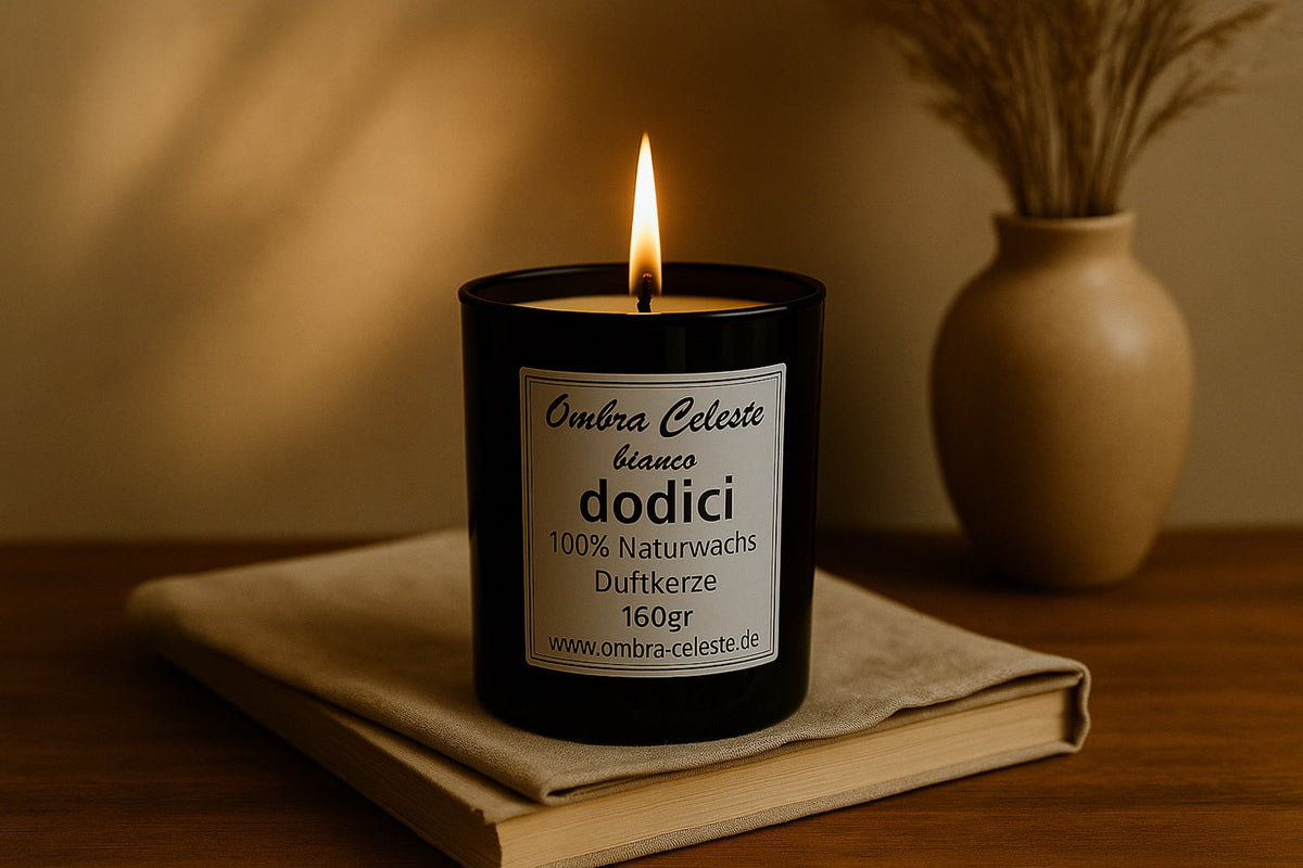 Stimmungsvolle Editorial - Szene mit einer brennenden Ombra Celeste Duftkerze Dodici, seitlich platziert auf Leinen, in warmem Kerzenschein und minimalistischer Umgebung - Symbol für stille Gespräche und bleibendes Licht.