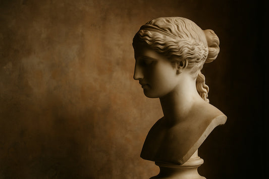 Eine klassisch anmutende Marmorbüste einer Frau im Profil wird von warmem, weichem Licht beleuchtet und steht vor einem ruhigen, braun getönten Hintergrund.
