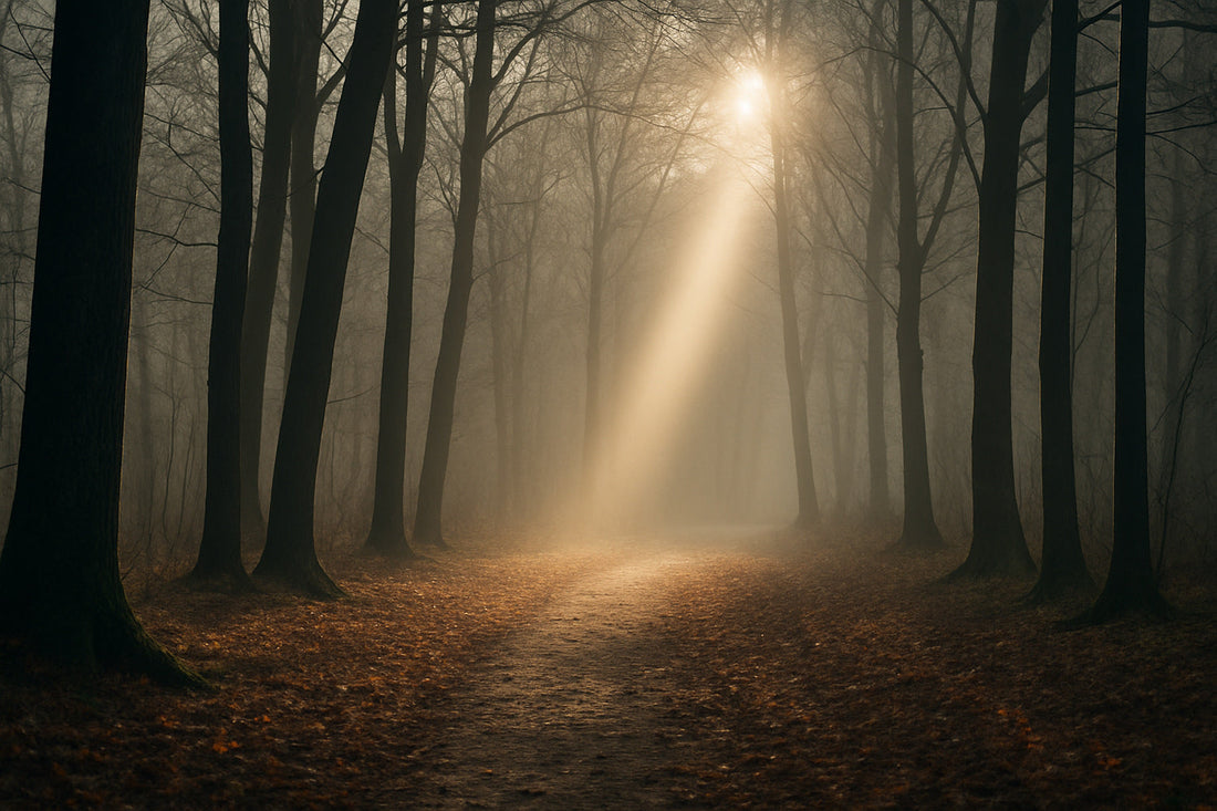 Novemberwald mit fast kahlen Bäumen; ein einzelner Sonnestrahl fällt durch den Nebel auf einen stillen Pfad - ruhige, edle Herbstszene.
