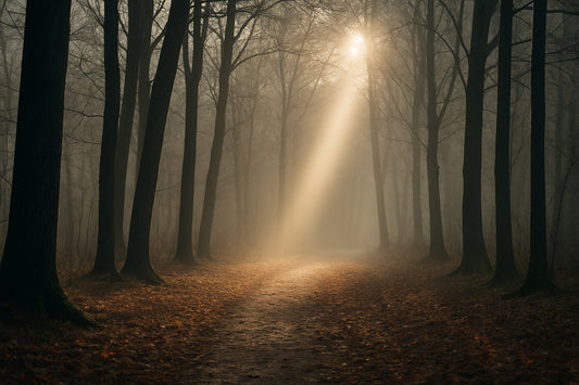 Novemberwald mit fast kahlen Bäumen; ein einzelner Sonnestrahl fällt durch den Nebel auf einen stillen Pfad - ruhige, edle Herbstszene.