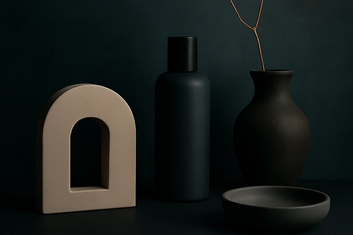Minimalistische Still-Life-Komposition vor tiefdunklem, mattgrünem Hintergrund: ein sandfarbener Bogen, ein schlanker schwarzer Zylinder, eine dunkle Keramikvase mit einem feinen, verzweigten Ast