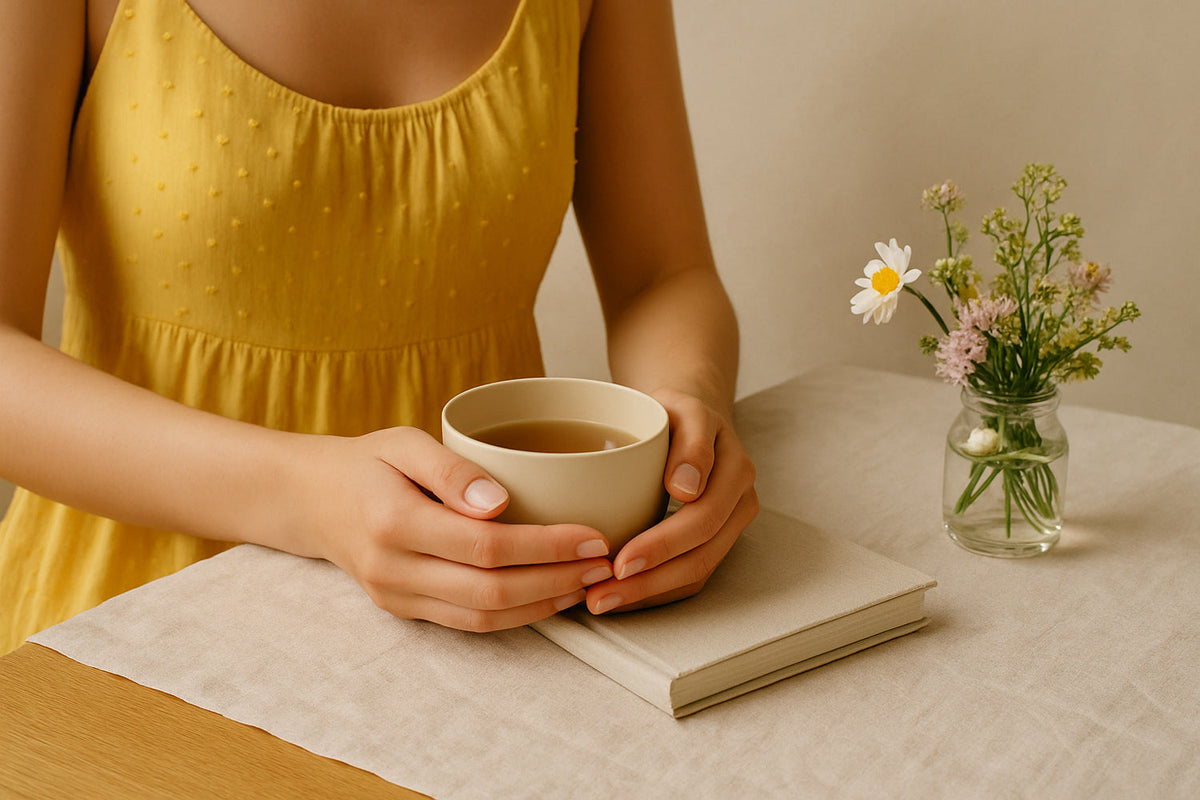 Sommerliche Szene:Händer einer jungen Frau im gelben Kleid halten eine Teetasse, daneben eine Vase mit frischen Sommerblumen auf leichter Leinentischdecke
