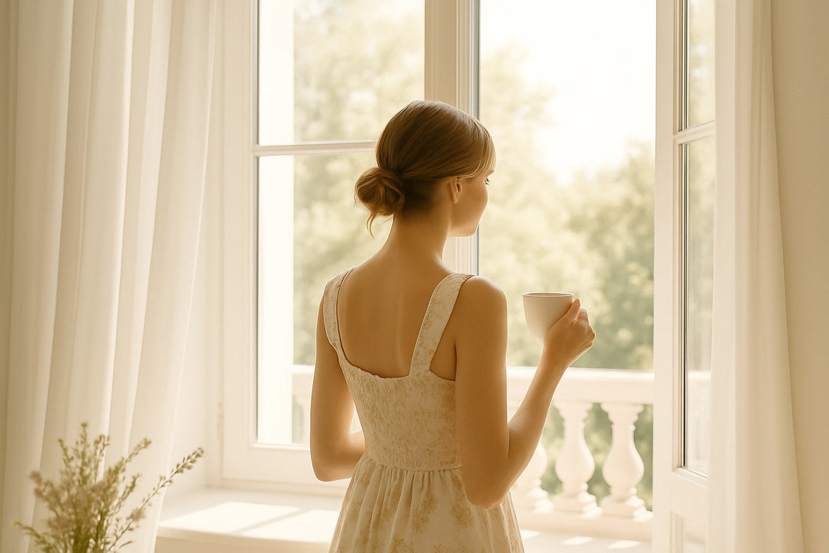 Rückenansicht einer Frau im sommerlichen Kleid vor einem großen offenen Fenster, mit Kaffeetasse in der Hand, umgeben von hellem Licht und luxuriöser Atmosphäre.