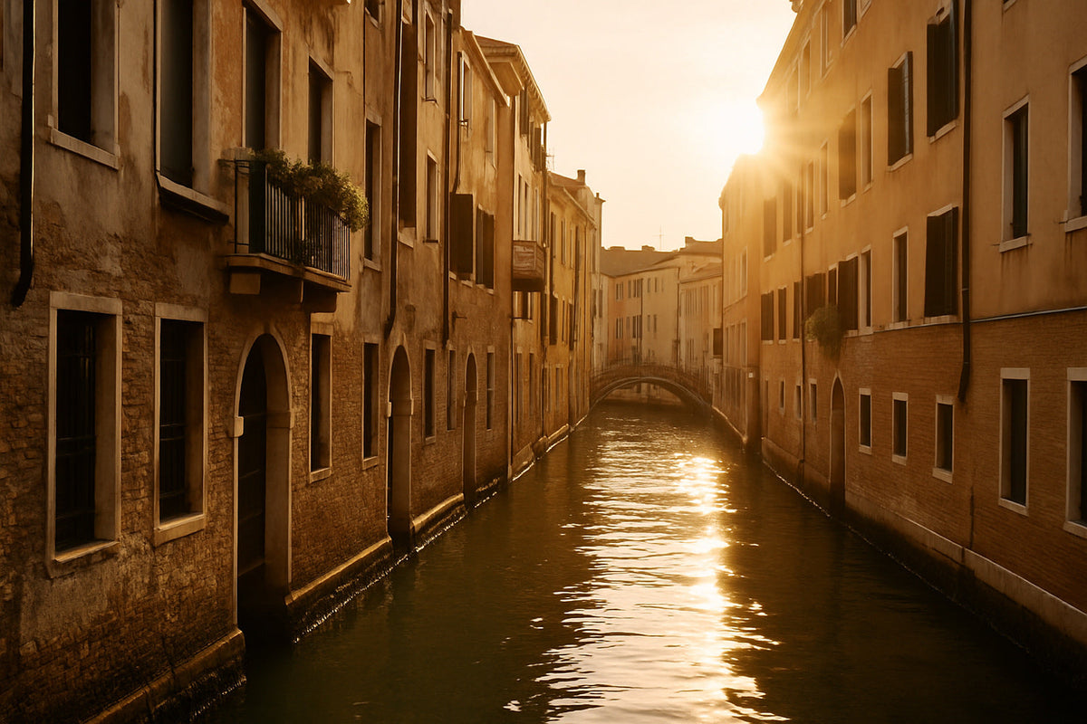 Venezianische Kanal im goldenen Abendlicht, stille Gasse mit historischen Fassaden, Sonnensgtrahlen spiegeln sich poetisch im Wasser - ruhige, edle Sommerstimmung.