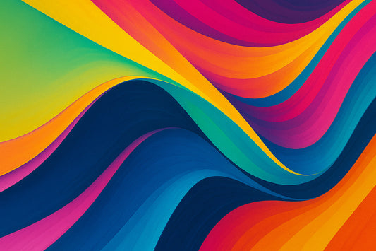 Eine farbintensive abstrakte Komposition aus fließenden, weichen Kurven in kräftigen Neon- und Primärfarben: Cyan, Magenta, Gelb, Orange, Pink und Tiefblau verlaufen harmonisch ineinander.
