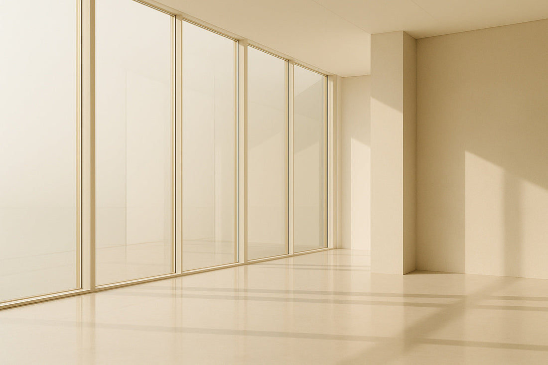 Ein heller, minimalistischer Innenraum mit großen Glasflächen und weichem Tageslicht. Sanfte Lichtreflexe zeichnen Linien über Boden und Wand. Das Bild wirkt ruhig, weit und modern – ein Moment stiller Klarheit im Stil von Ombra Celeste
