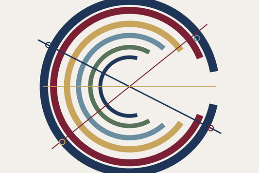 Abstrakte geometrische Linien und Bögen in ruhigen, edlen Farben auf hellem Grund – symbolisch für kreuzende Wege und Zufallsbegegnungen.