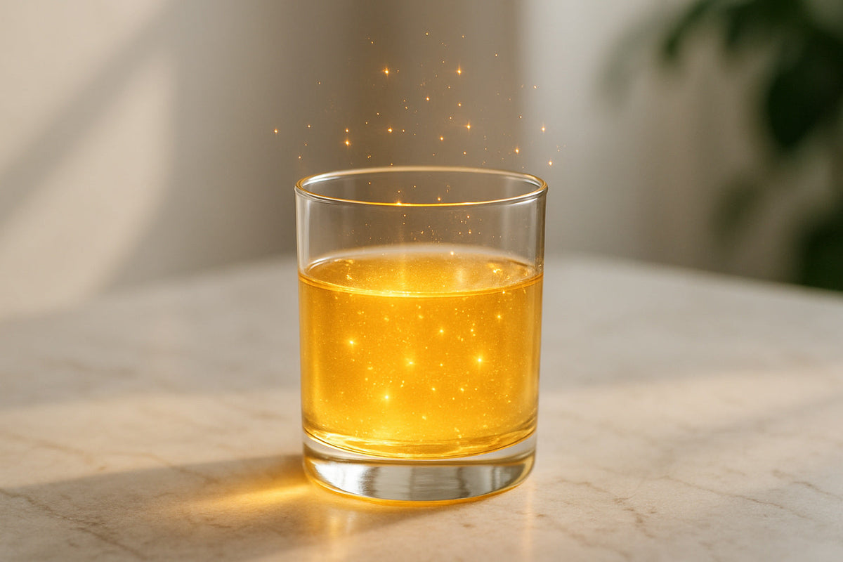 Stillleben mit einem Glas, das sanftes Licht einfängt – Symbol für Glück, das wir selbst erschaffen können. Ruhige, helle Atmosphäre im Ombra Celeste Stil.